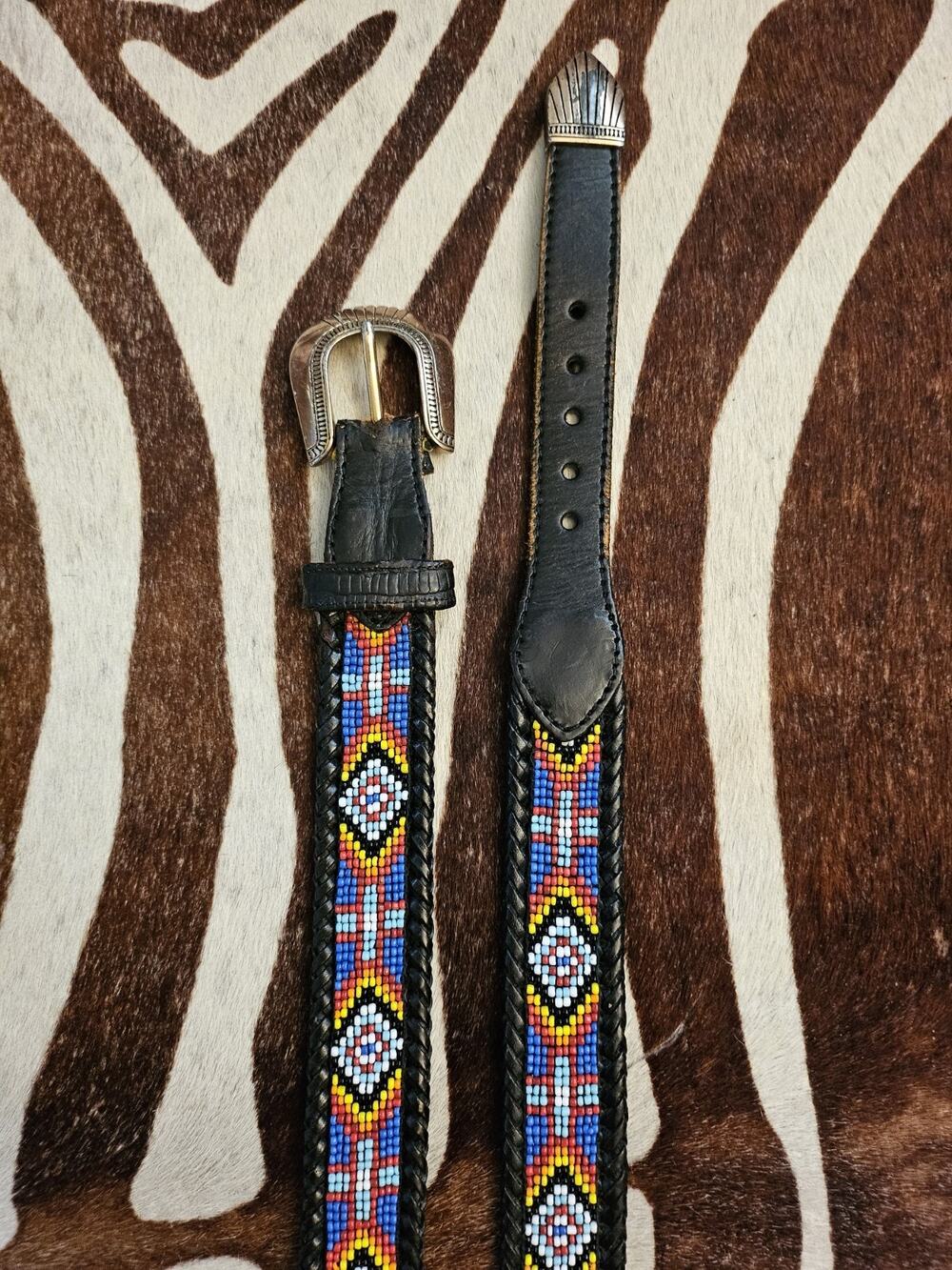 Vintage 1991 Black Leather Southwestern Aztec Festival Beaded Belt Size 42